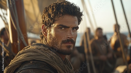 determined Odysseus steers his ship dressed seafarers clothing focused expression embodying adventure softly lit background.