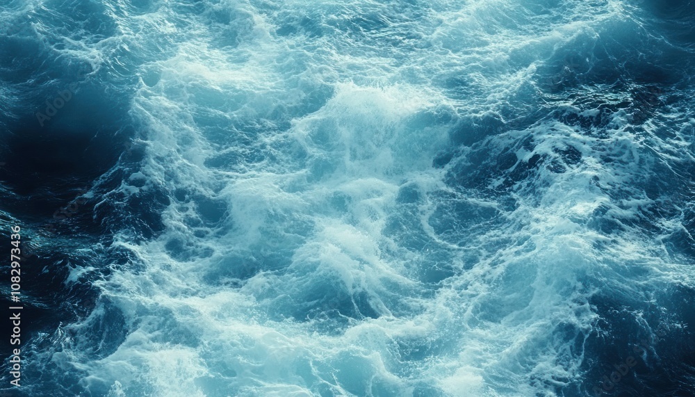 Blue turquoise water texture of the ocean sea with foam from and waves. Turbulent ocean waves, deep blue water, white foam crests, stormy sea surface, dynamic water movement, high contrast Blue turquoise water texture of the ocean sea with foam from and waves. Turbulent ocean waves, deep blue water, white foam crests, stormy sea surface, dynamic water movement, high contrast