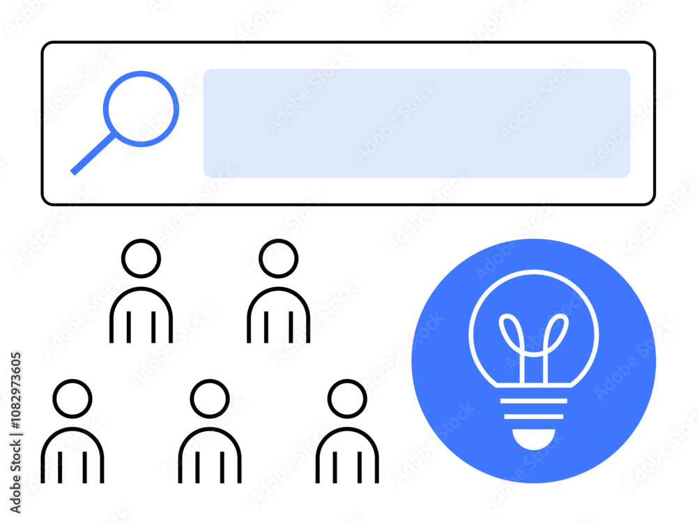 Magnifying glass in a search bar, group of people icons, and blue lightbulb symbolize search for ideas and teamwork. Ideal for brainstorming, collaboration, creativity, networking, problem-solving Magnifying glass in a search bar, group of people icons, and blue lightbulb symbolize search for ideas and teamwork. Ideal for brainstorming, collaboration, creativity, networking, problem-solving