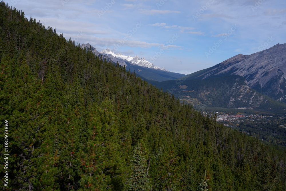 Fototapeta premium Photo of Cascade Mountain, Bow Valley, Bow River, Tunnel Mountain and town of Banff within Banff National Park in Alberta, Canada.