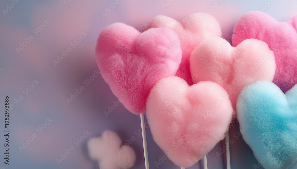 Obraz premium Pink and blue heart shaped cotton candies on sticks against soft pink background. copy space