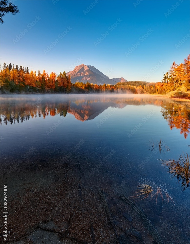 Obraz premium Peaceful Lake at Sunrise, With Mist Rising From the Water and a Lone Mountain Reflecting on the Calm Surface, Surrounded by Autumn Forests in Soft Morning Light