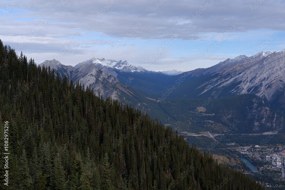 Fototapeta premium Photo of Cascade Mountain, Bow Valley, Bow River, Tunnel Mountain and town of Banff within Banff National Park in Alberta, Canada.