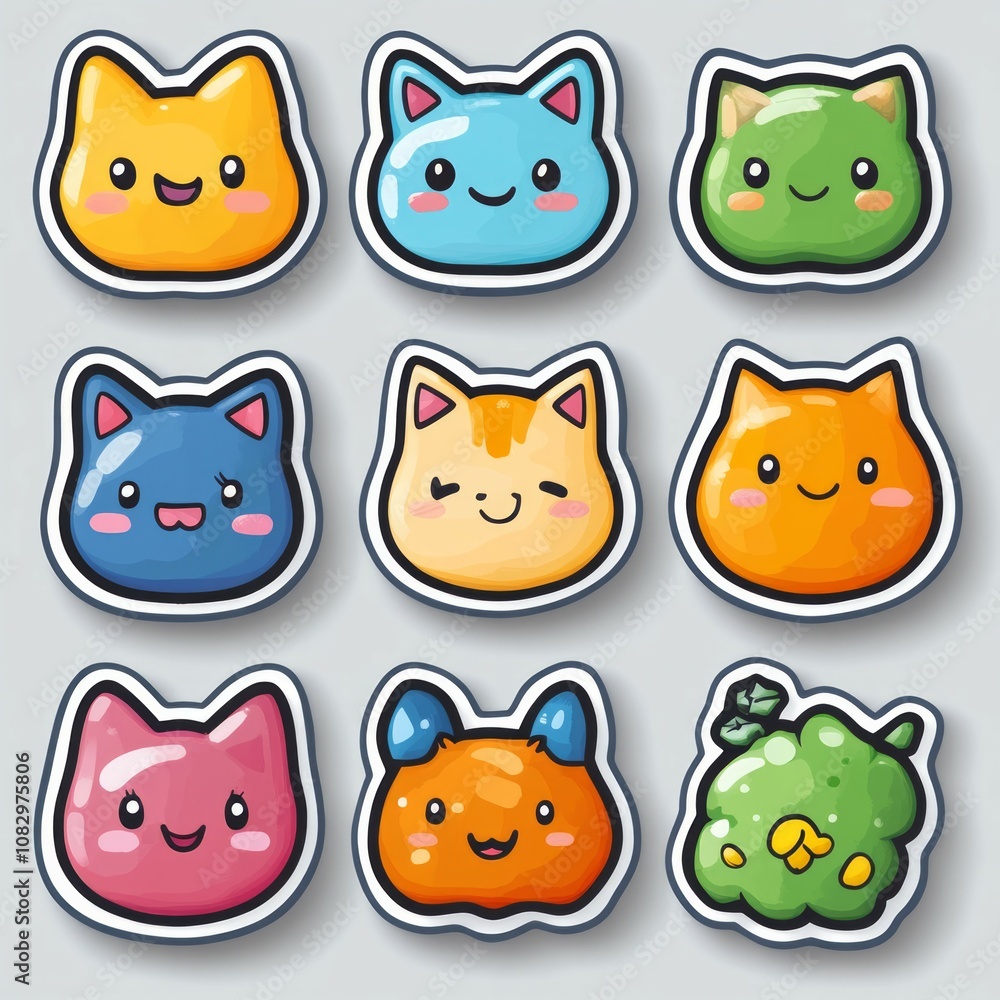 Fototapeta premium cute kawaii pastel colored cat icons, digital stickers, white background 