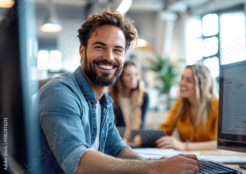 Group of business people and software developers working as a team in office.Smiling young man in office blurred coworkers. photo