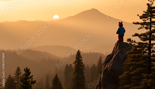 A serene mountain landscape at sunrise, with the majestic silhouette of Yogi Bear standing proudly at the summit. photo