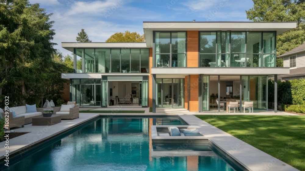 Fototapeta premium Modern Luxury Home with Pool and Patio: A stunning contemporary home with expansive glass windows, a sparkling swimming pool, and a cozy patio with outdoor furniture.
