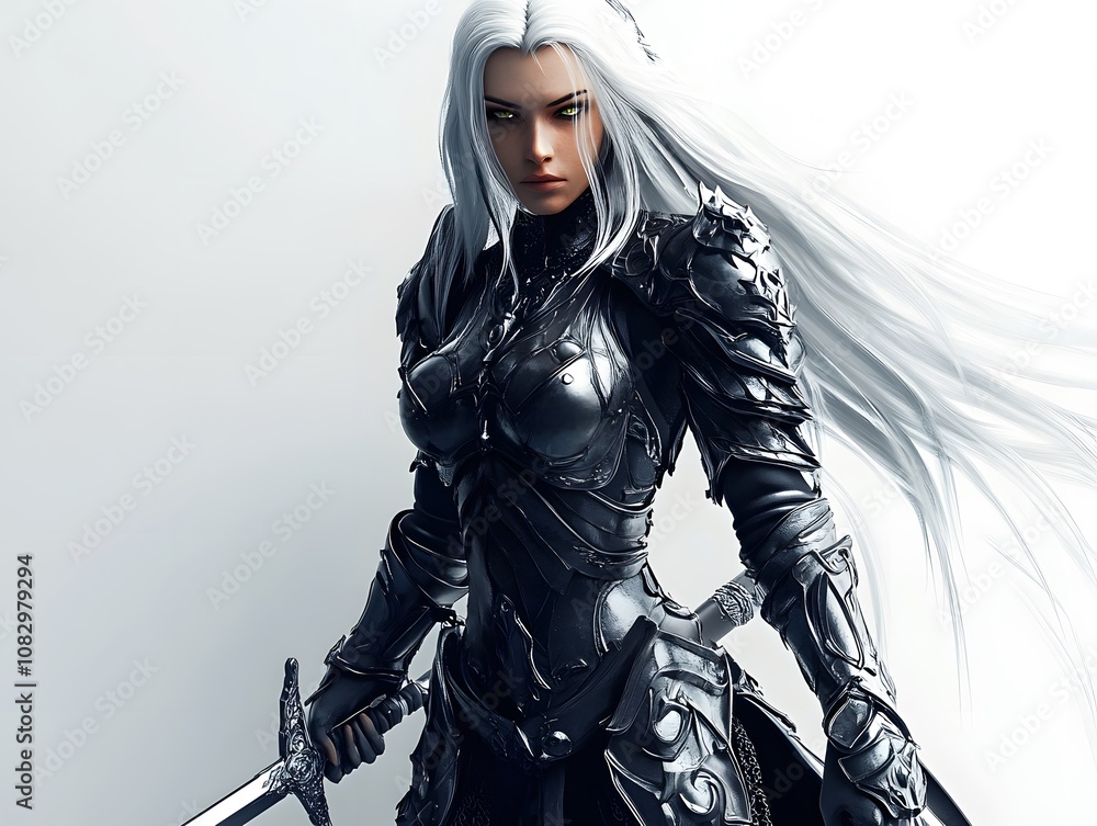Naklejka premium Portrait of a fantasy heavily armored sexy dark elf female on white background