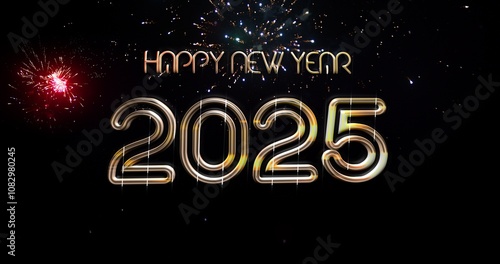 2025 Happy New Year  GoldenText Banner With Stunning Real Fireworks in the Background photo