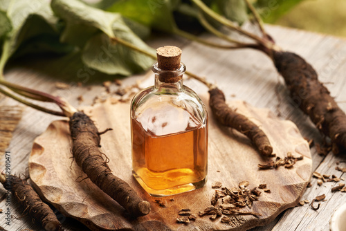 A bottle of homemade herbal tincture with whole burdock root