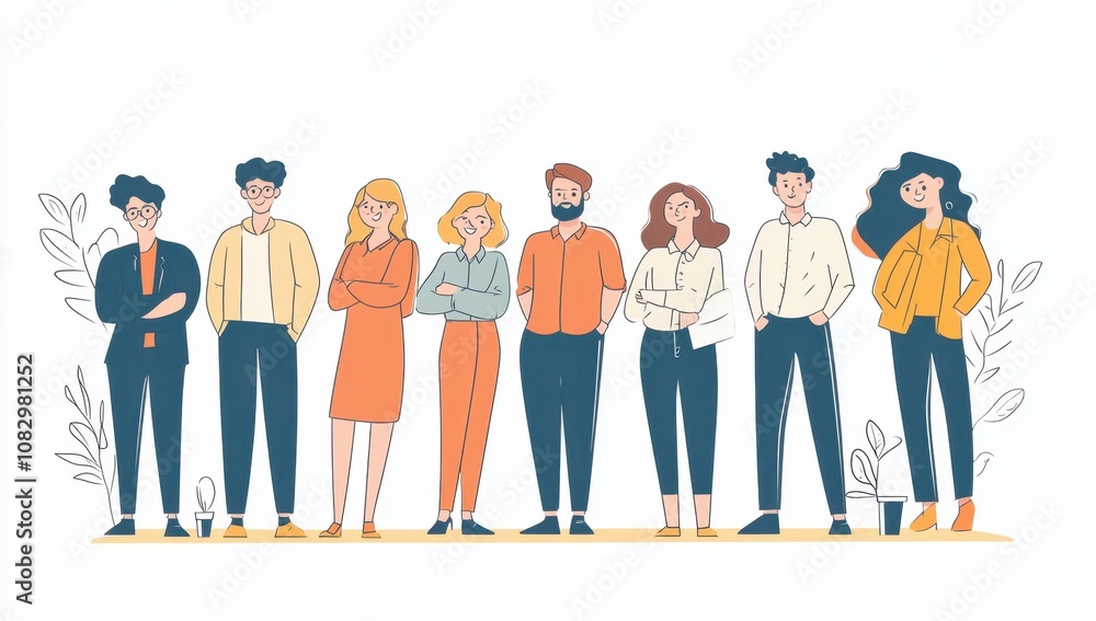 Obraz premium One line drawing of people standing together, a simple illustration with a white background A group of business people posing for the camera in an office setting Generative AI