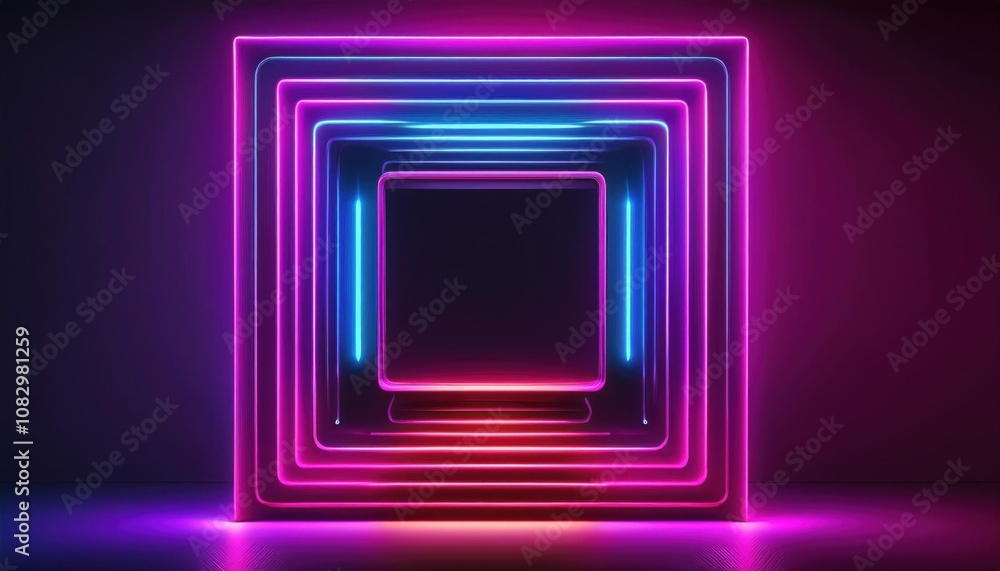 Fototapeta premium A neon frame with a square shape in the middle, frame , space for text