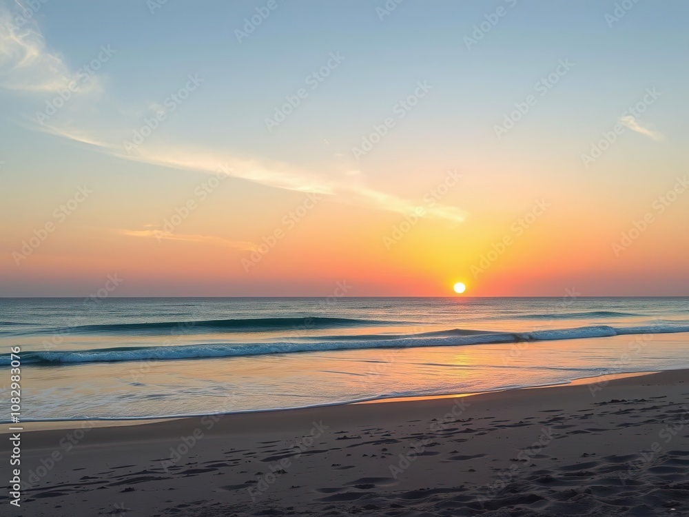 Obraz premium A serene landscape with a peaceful beach scene unfolds as the sun slowly dips into the sea at a breathtaking sunset, beauty, sunset, waves