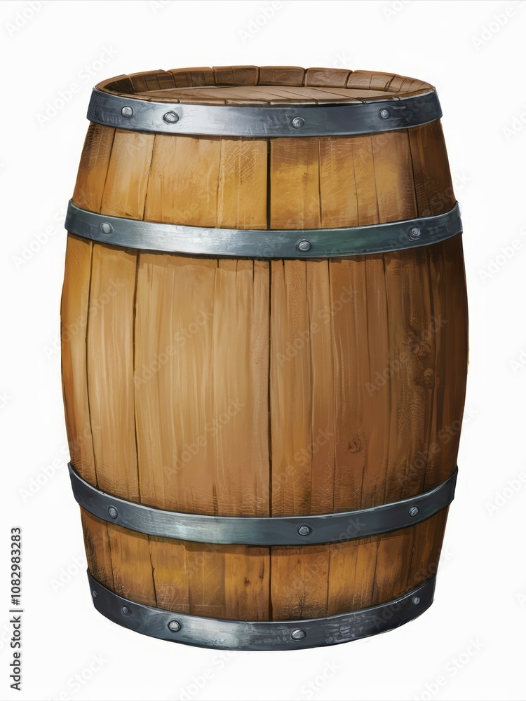 Obraz premium Wooden Barrel: A weathered wooden barrel with metal bands, isolated on a white background. Perfect for rustic, vintage, or industrial designs. 