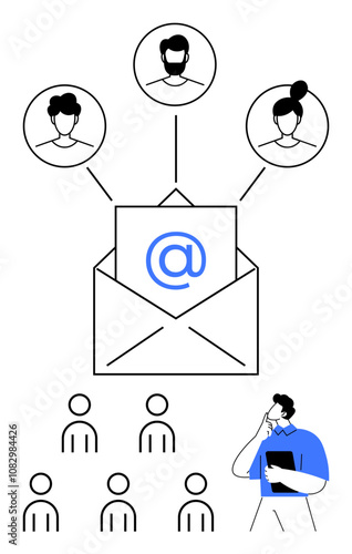 Envelope with symbol, three profile icons connected, person holding a clipboard, and people outlines. Ideal for email marketing, communication, networking, connections, teamwork, online interactions