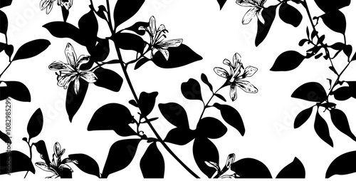 Elegant black and white floral pattern with leaves and flowers, ideal for textile and wallpaper design..
