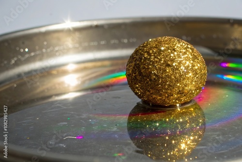 A single gold glittering particle reflected in a still shiny metallic surface with vibrant colors and dynamic lighting, smallwonders, glitteringparticle, cosmicobject, goldenreflection photo