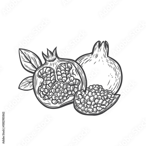 Engraving with a pomegranate fruit, a half and a piece