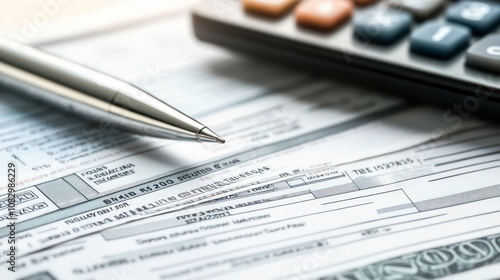 A silver pen resting on a bill next to a calculator, emphasizing the concept of paying bills or managing finances.