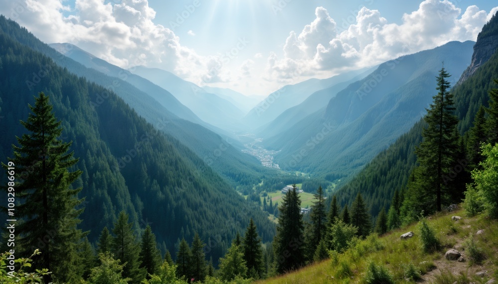 Obraz premium Mountain valley with forest. Carpathian Mountains in Ukraine. Green trees, blue sky with clouds. Nature landscape, environment, travel destination, eco tourism.