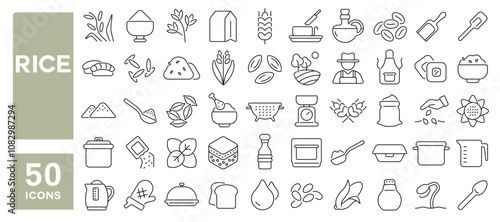 Set of 50 line icons related to rice, cereal, maize, grain, sorghum, meal, cook, pot, harvest, groat, bran, Editable stroke. Vector illustration