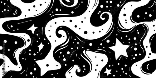 Abstract black and white pattern featuring swirling shapes with stars and dots, creating a dynamic and cosmic design..