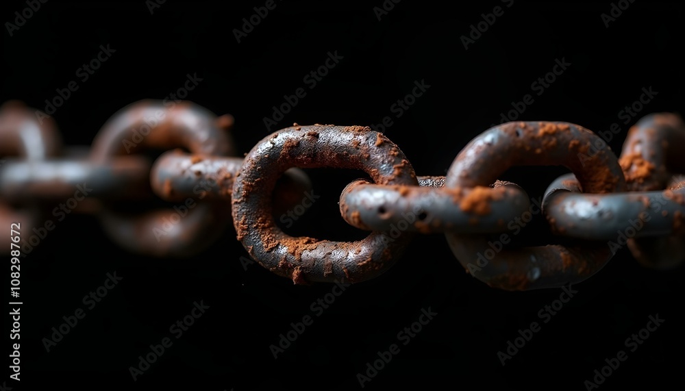Fototapeta premium a rusted, weathered chain link, showing signs of age and corrosion, isolated against a black backdrop create with ai