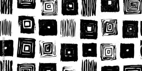 A striking black and white geometric pattern featuring various square shapes, ideal for modern design and artistic projects..