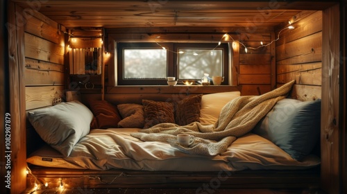 Rustic wooden nook with blankets, pillows, and a cup of tea, illuminated by warm fairy lights photo