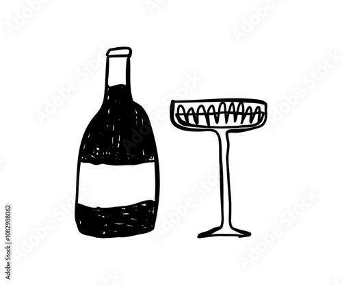 Doodle champagne bottle with nice glass. Alcoholic drinks, party, celebration. Hand drawn vector illustration.