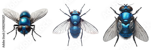 Blue bottle fly insect isolated on transparent background, Set of photo