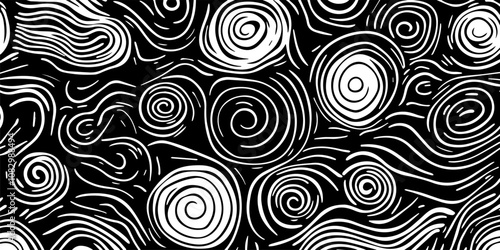 Abstract black and white pattern featuring swirling lines and intricate designs, ideal for background and decorative use..