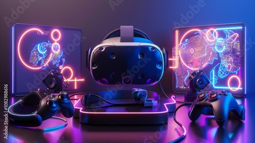 Futuristic Virtual Reality Gaming Setup With Neon Controllers and Immersive Display photo