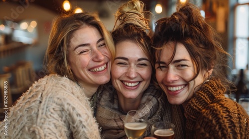 Three Friends Laughing Together in a Warm, Cozy Cafe photo