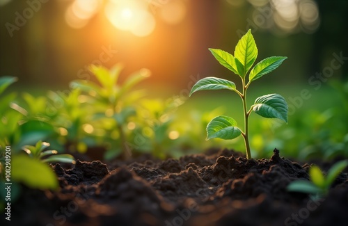 Young green tree sapling grows in garden soil. Closeup of new plant leaves, a symbol of life, growth, and sustainability. Eco concept image for Earth Day, agriculture, spring, and nature. photo