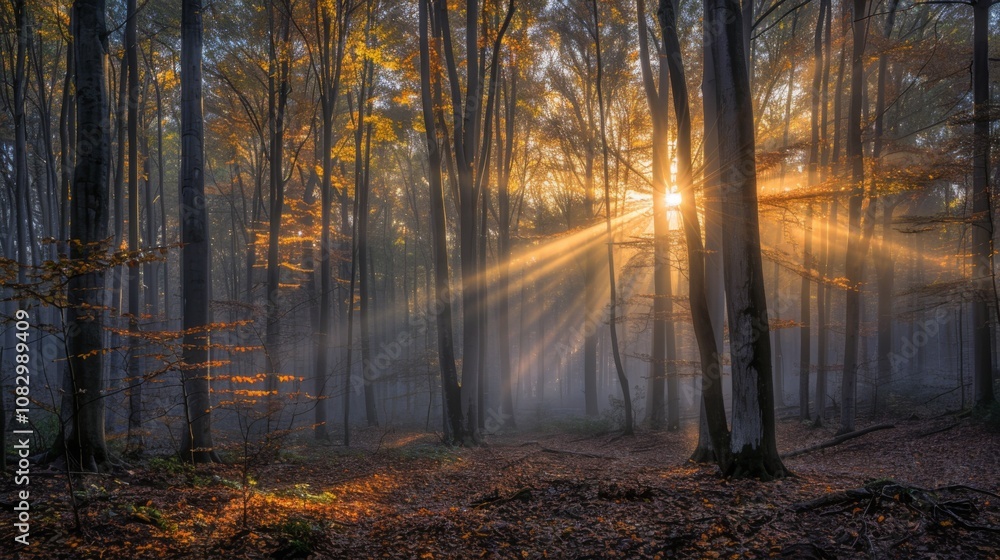 Obraz premium Golden Rays Piercing Through Autumn Forest at Dawn