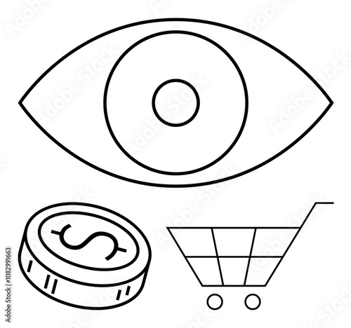 Large eye with coin and shopping cart icons represent market awareness, financial transactions, and purchases. Ideal for e-commerce, finance, marketing, retail, online shopping, customer insights