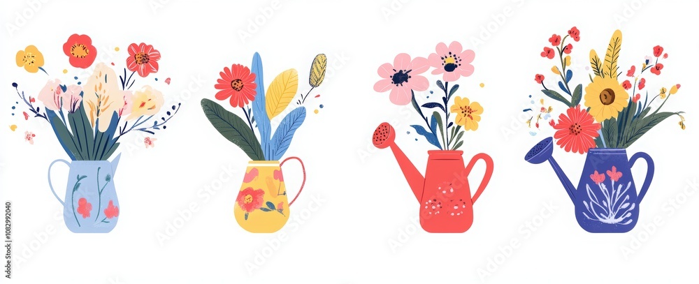 Naklejka premium Flower Basket Day. different vases with spring flowers in them on white background. set of four flower vases with flowers
