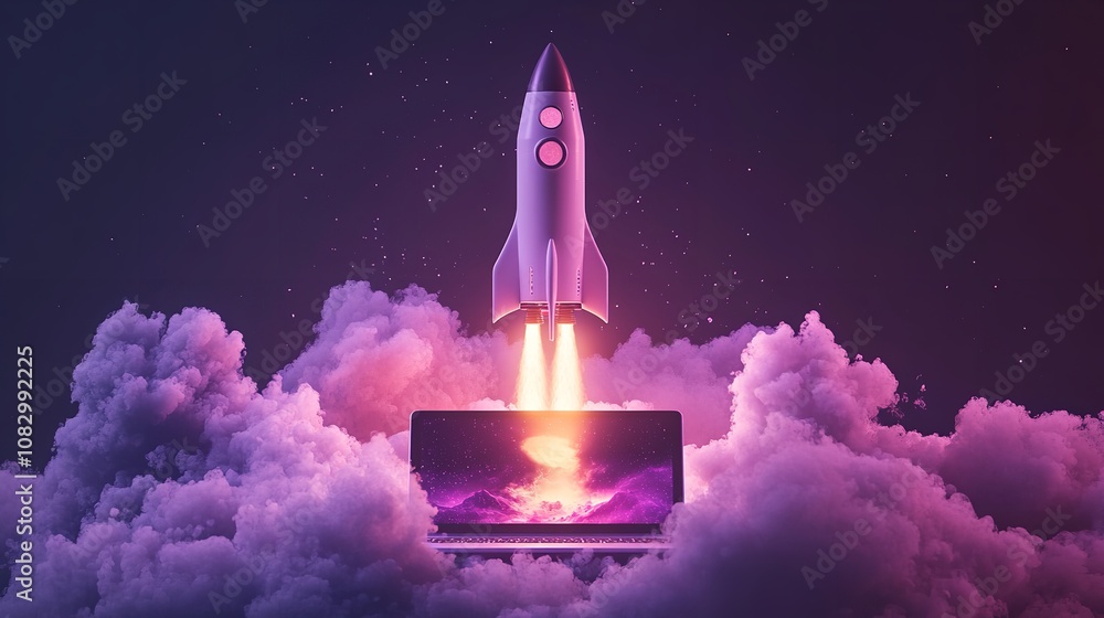 Fototapeta premium A purple and yellow rocket ship taking off against a background of purple smoke and a laptop with a purple and black nebula image on the screen.