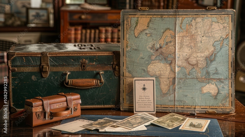 Fototapeta premium Dark green vintage suitcase with antique world map and retro travel postcards
