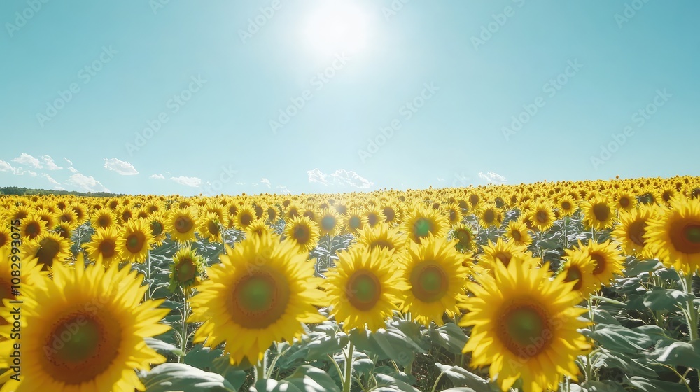 Obraz premium Vibrant Field of Sunflowers Under a Clear Blue Sky with Bright Sunlight Illuminating the Landscape and Creating a Cheerful Ambience for Nature Lovers and Photography Enthusiasts