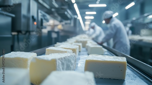 Conveyor with pieces of cheese in food production. The foreground focuses on a row of cheese products positioned on a moving belt. Employees in white uniforms are blurred in the background. photo