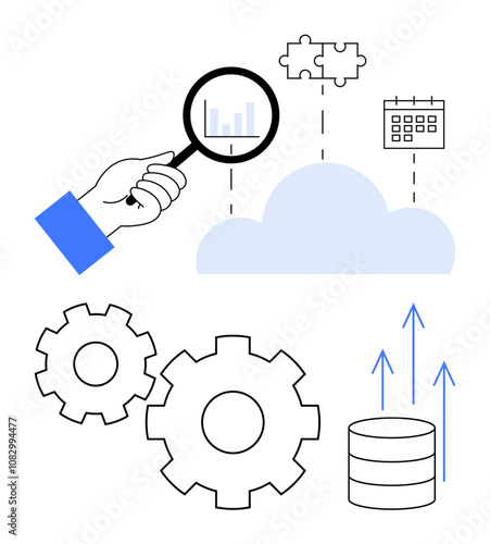 Hand using magnifying glass over bar chart, cloud with puzzle and calendar, gears, arrows pointing up, database. Ideal for cloud computing, data analysis, system integration, project planning