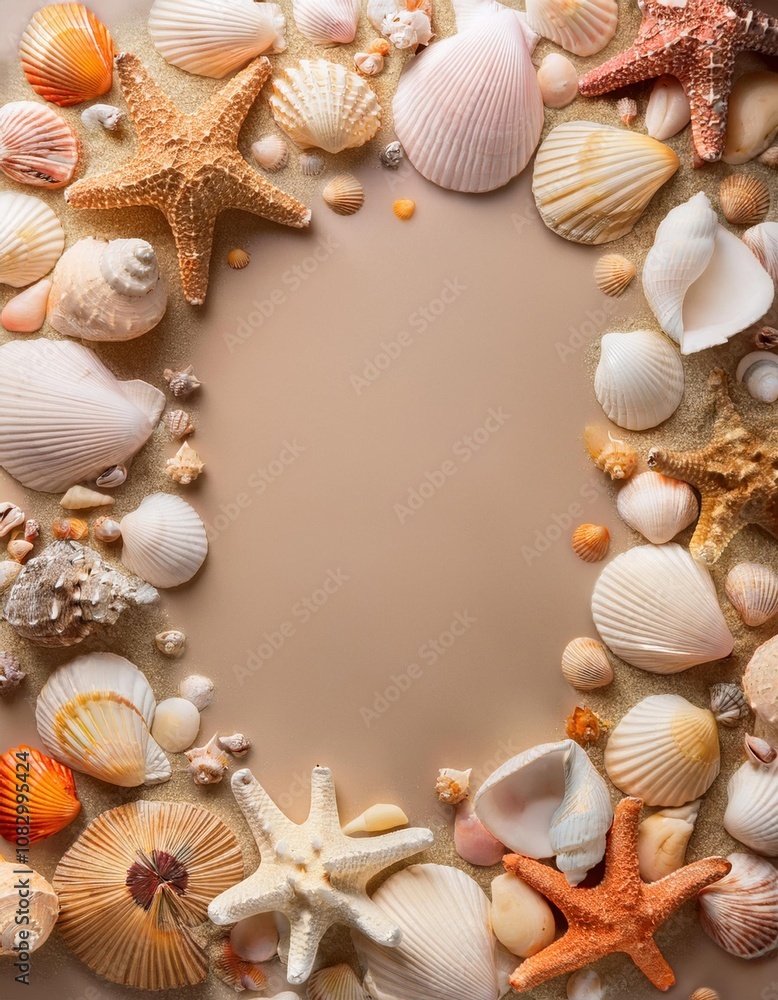Obraz premium Wreath made of shells and starfishs on a table, travel , frame , space for text