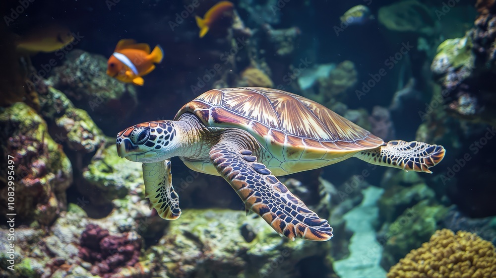 Fototapeta premium Vibrant Sea Turtle Swimming Gracefully Through Colorful Coral Reef with Tropical Fish in Clear Ocean Waters Captured Under Natural Light