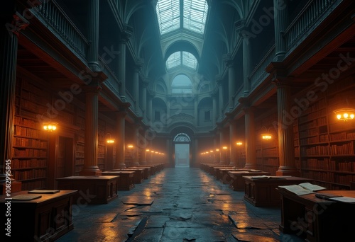 Ancient library interior with towering shelves and warm lighting creating a mystical atmosphere during twilight hours photo