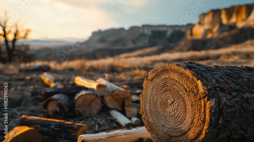 A close-up shot of cut wood in the foreground set against a mountain sunset photo