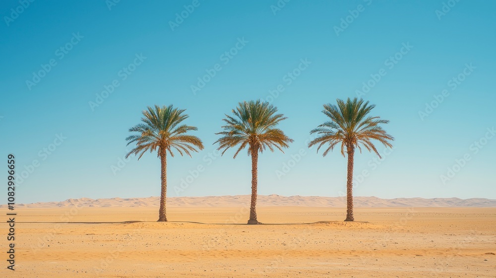 Fototapeta premium Three date palm trees standing in the middle of a vast desert