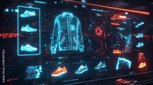 Futuristic online shop showing hologram clothes and shoes with digital interface