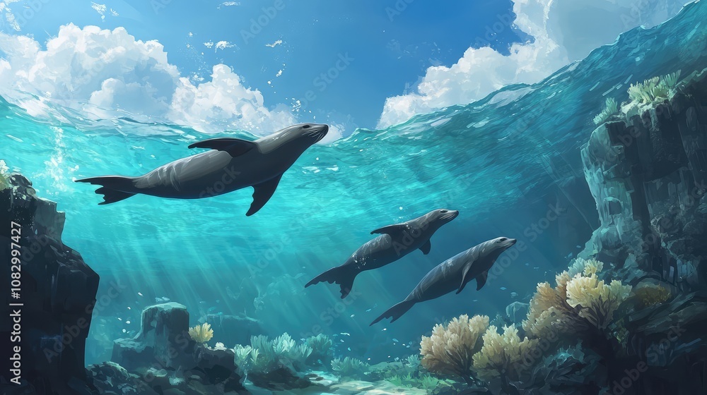 Obraz premium Underwater Scene featuring Playful Seals Swimming Gracefully Amidst Vibrant Coral Reefs and Sunlit Waters in a Serene Aquatic Environment